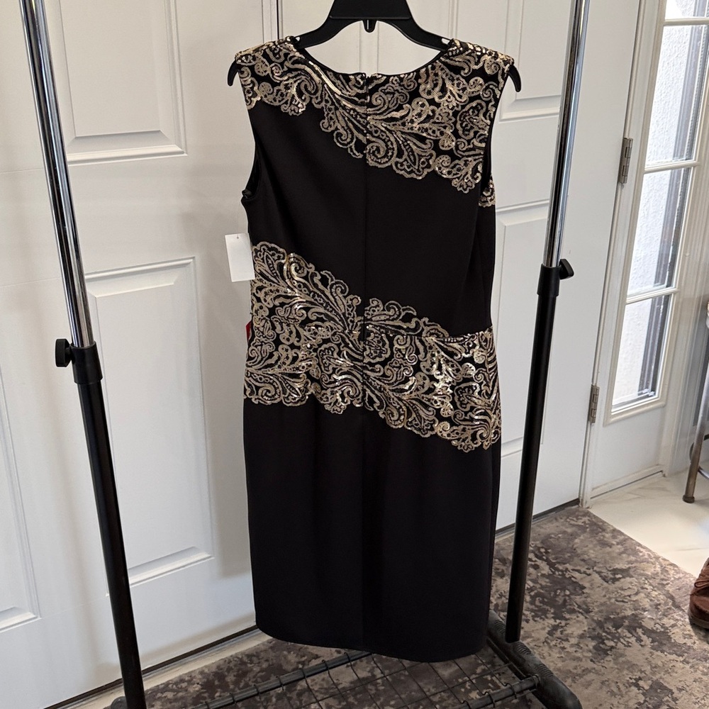 Tadashi Shoji Black Midi Dress with Gold Embroidery - Picture 2 of 4